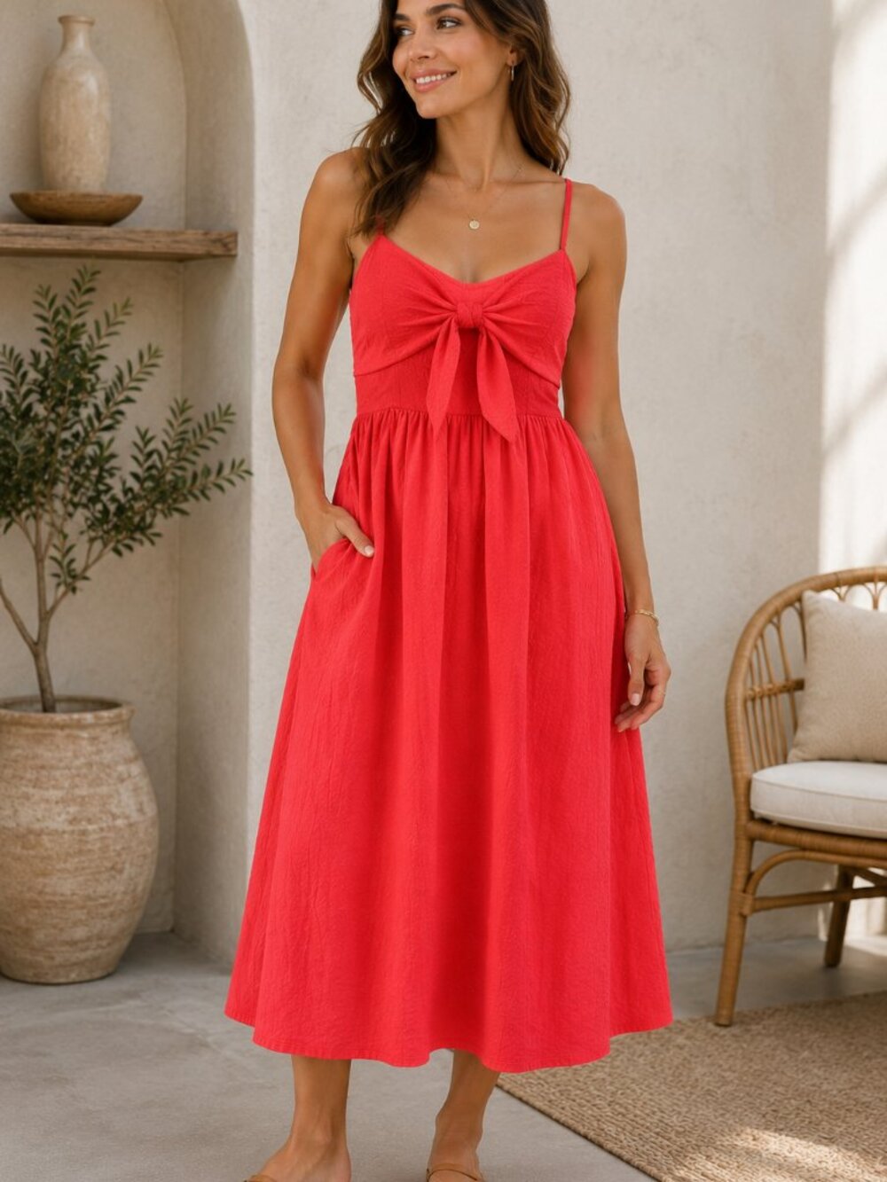 Old Navy Fit & Flare Seersucker Midi Dress Bright Coral Tie Front XL